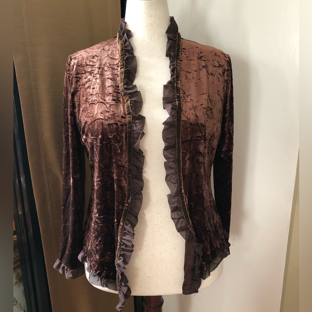 Baranda Brown Velvet Ruffle Trim Open Front Jacket